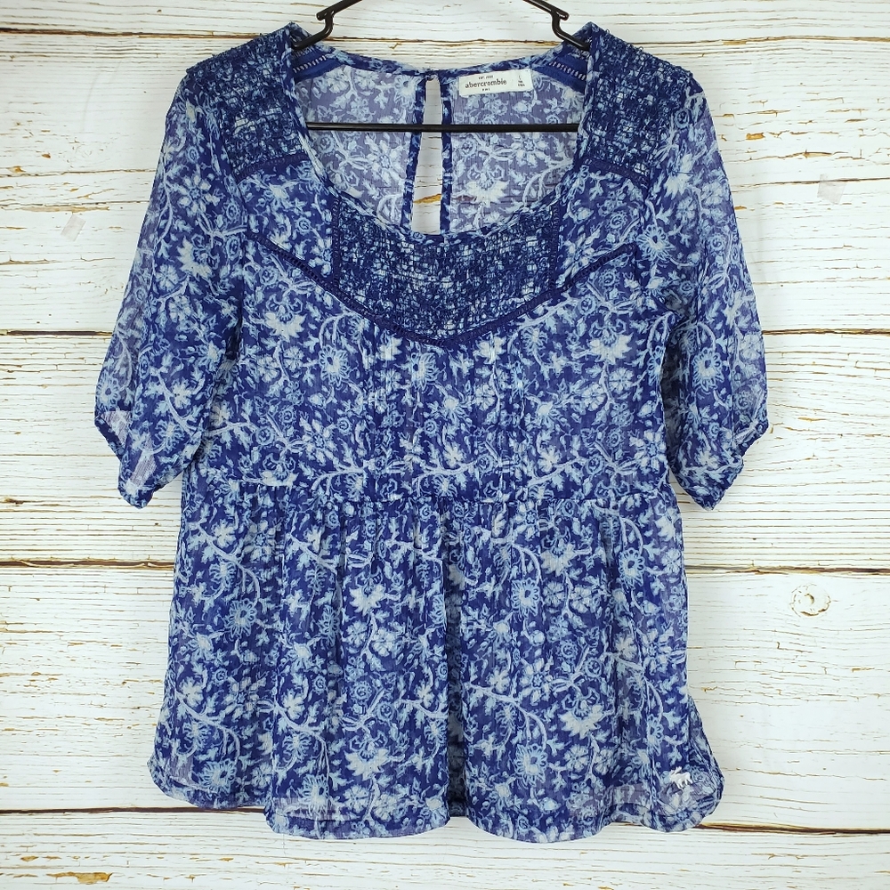 Abercrombie Kids Blue Floral Print Semi Sheer Top